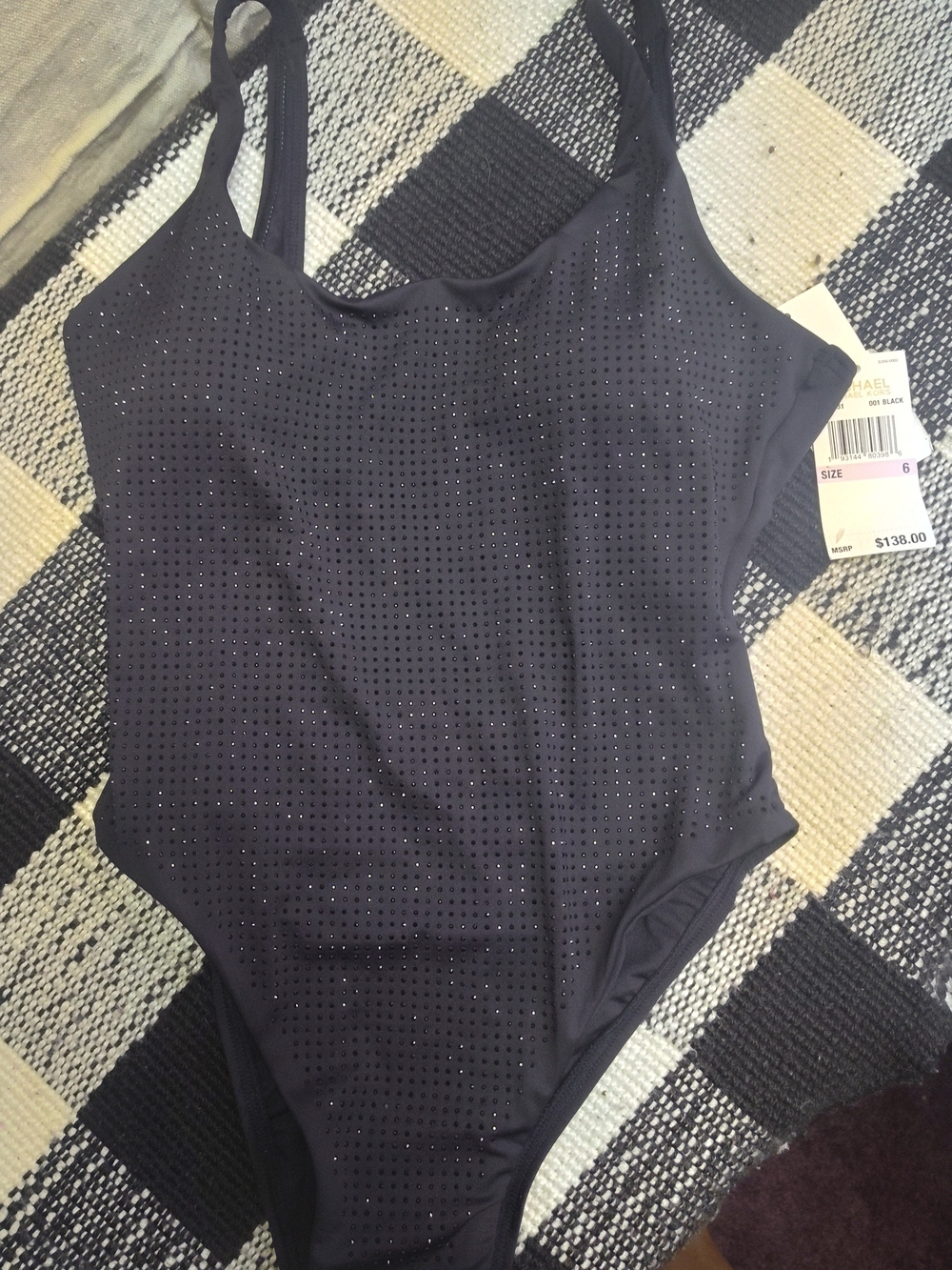 Michael Kors Stunning Black Crystal-Studded Scoop Swim Suit